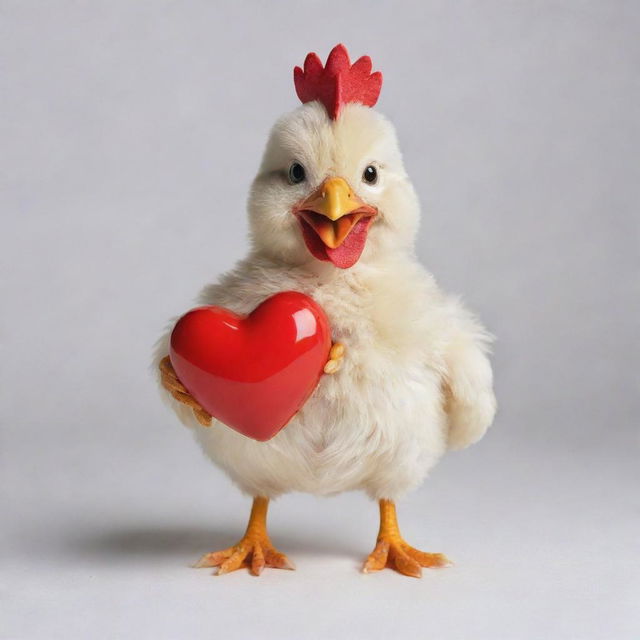 A charming, endearing chicken holding a vibrant, red heart