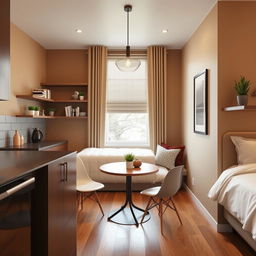 a contemporary guest room design adjacent to the kitchen, featuring a seamless blend of comfort and style