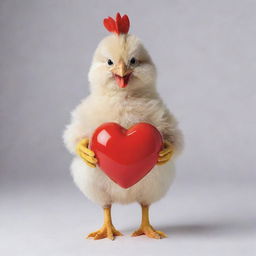 A charming, endearing chicken holding a vibrant, red heart