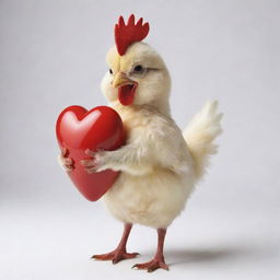 A charming, endearing chicken holding a vibrant, red heart