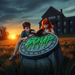 A young adult horror movie poster featuring two boys with a red-haired girl sitting on a large stone sundial in a field outside a school