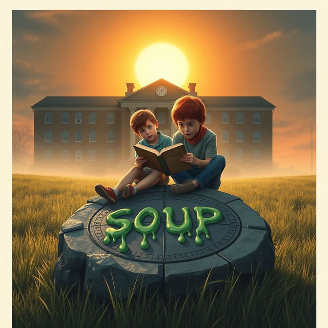 A young adult horror movie poster featuring two boys with a red-haired girl sitting on a large stone sundial in a field outside a school