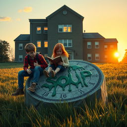 A young adult horror movie poster featuring two boys with a red-haired girl sitting on a large stone sundial in a field outside a school