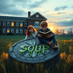 A young adult horror movie poster featuring two boys with a red-haired girl sitting on a large stone sundial in a field outside a school