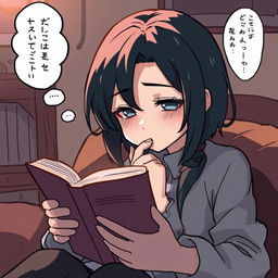 A graphic character deeply engrossed in reading a book, their expression revealing a thoughtful and contemplative state