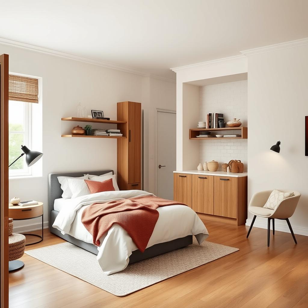 a stylish and cozy guest room design that is adjacent to the kitchen, featuring a seamless integration of modern and rustic elements