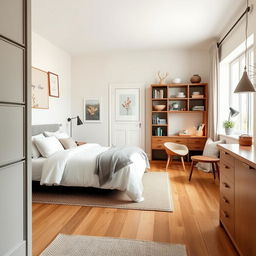 a stylish and cozy guest room design that is adjacent to the kitchen, featuring a seamless integration of modern and rustic elements