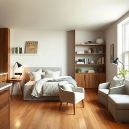 a stylish and cozy guest room design that is adjacent to the kitchen, featuring a seamless integration of modern and rustic elements