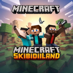 An enticing thumbnail for a Minecraft series called 'Skibidiland' featuring three characters: two men and one woman