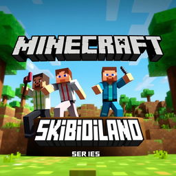 An enticing thumbnail for a Minecraft series called 'Skibidiland' featuring three characters: two men and one woman