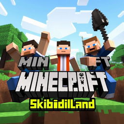 An enticing thumbnail for a Minecraft series called 'Skibidiland' featuring three characters: two men and one woman