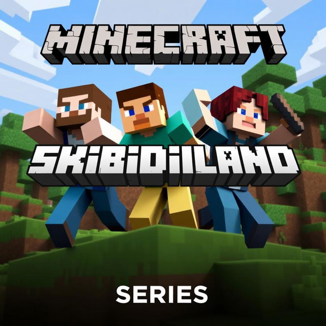 An enticing thumbnail for a Minecraft series called 'Skibidiland' featuring three characters: two men and one woman