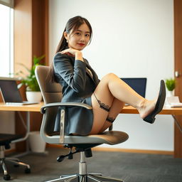 A Taiwanese office lady gracefully sitting in an office chair with one leg casually crossed over the other, creating an elegant and professional pose