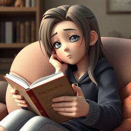 A realistic 3D graphic character deeply engrossed in reading a book, their expression showing a contemplative and thoughtful state