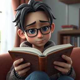 A realistic 3D graphic character deeply engrossed in reading a book, their expression showing a contemplative and thoughtful state