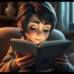 A realistic 3D graphic character deeply engrossed in reading a book, their expression showing a contemplative and thoughtful state