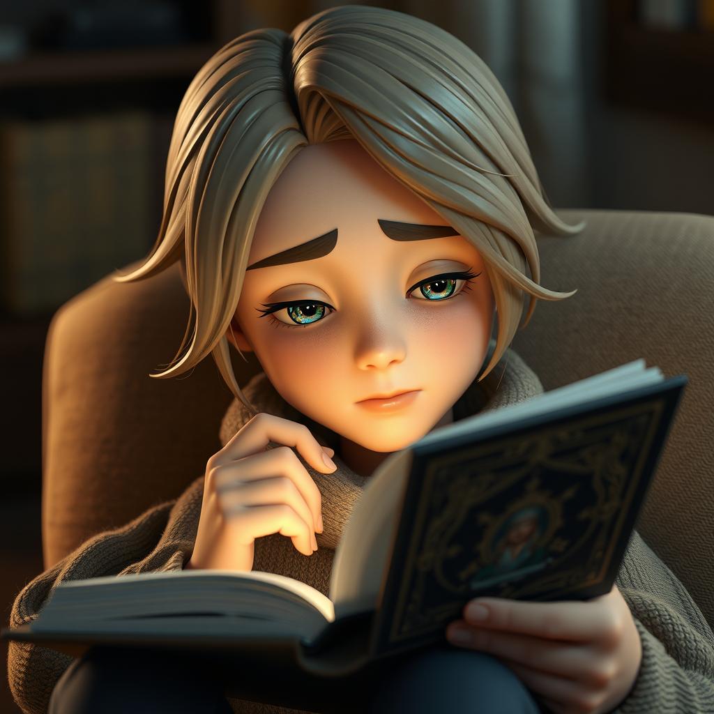 A realistic 3D graphic character deeply engrossed in reading a book, their expression showing a contemplative and thoughtful state