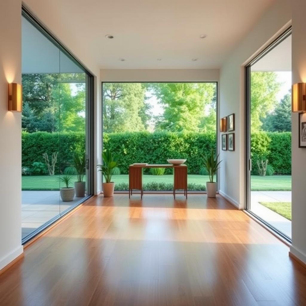 an inviting hallway design that is situated on one side of the kitchen and faces the backyard