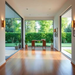 an inviting hallway design that is situated on one side of the kitchen and faces the backyard