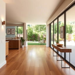 an inviting hallway design that is situated on one side of the kitchen and faces the backyard