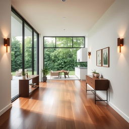 an inviting hallway design that is situated on one side of the kitchen and faces the backyard