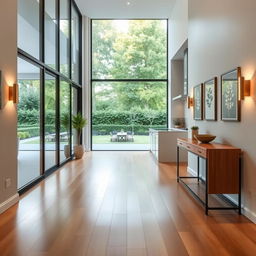 an inviting hallway design that is situated on one side of the kitchen and faces the backyard