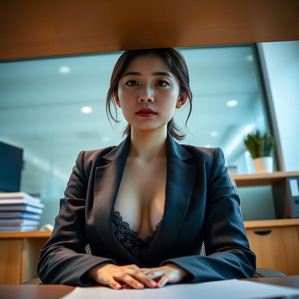 A Taiwanese office lady sitting in a normal, upright position at her desk, portrayed from a unique perspective with the camera positioned underneath the desk