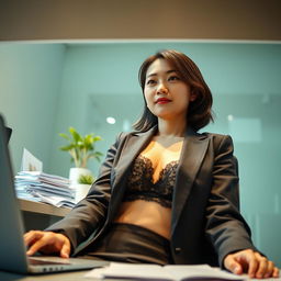 A Taiwanese office lady sitting in a normal, upright position at her desk, portrayed from a unique perspective with the camera positioned underneath the desk