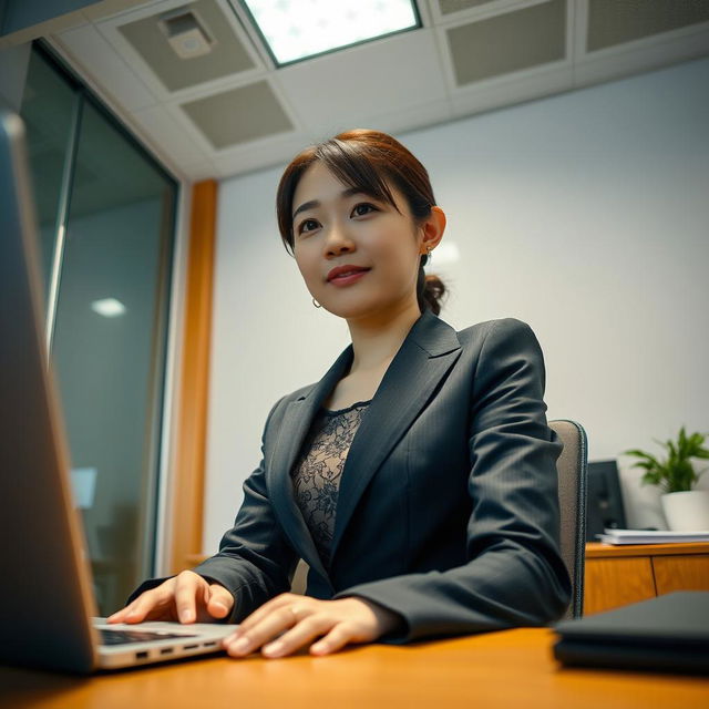 A Taiwanese office lady sitting in a normal, upright position at her desk, portrayed from a unique perspective with the camera positioned underneath the desk