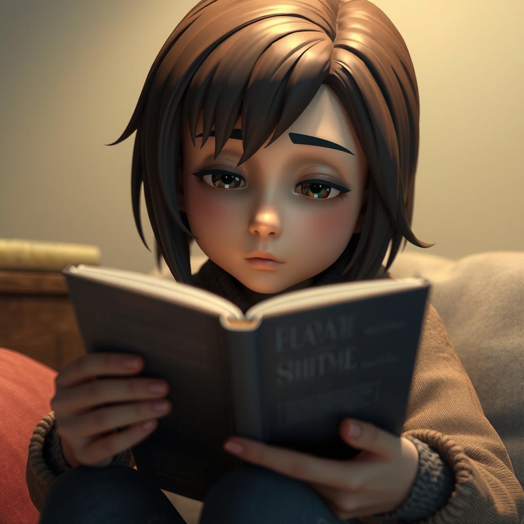 A realistic 3D graphic character deeply engrossed in reading a book, their expression conveying a thoughtful and contemplative mood