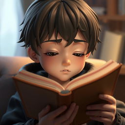 A realistic 3D graphic character deeply engrossed in reading a book, their expression conveying a thoughtful and contemplative mood