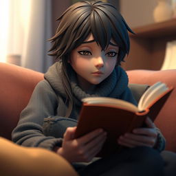 A realistic 3D graphic character deeply engrossed in reading a book, their expression conveying a thoughtful and contemplative mood