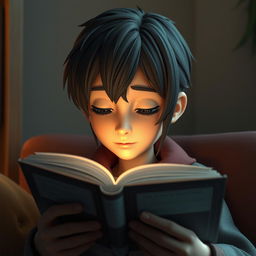 A realistic 3D graphic character deeply engrossed in reading a book, their expression conveying a thoughtful and contemplative mood