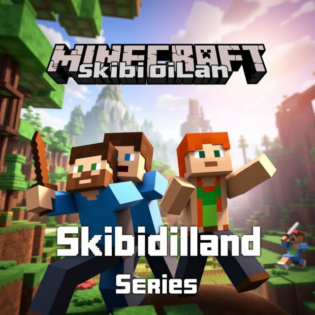 YouTube thumbnail for a Minecraft series featuring two men and one woman in dynamic poses within a Minecraft setting