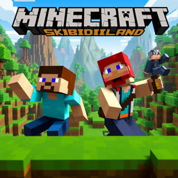 YouTube thumbnail for a Minecraft series featuring two men and one woman in dynamic poses within a Minecraft setting