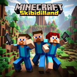 YouTube thumbnail for a Minecraft series featuring two men and one woman in dynamic poses within a Minecraft setting