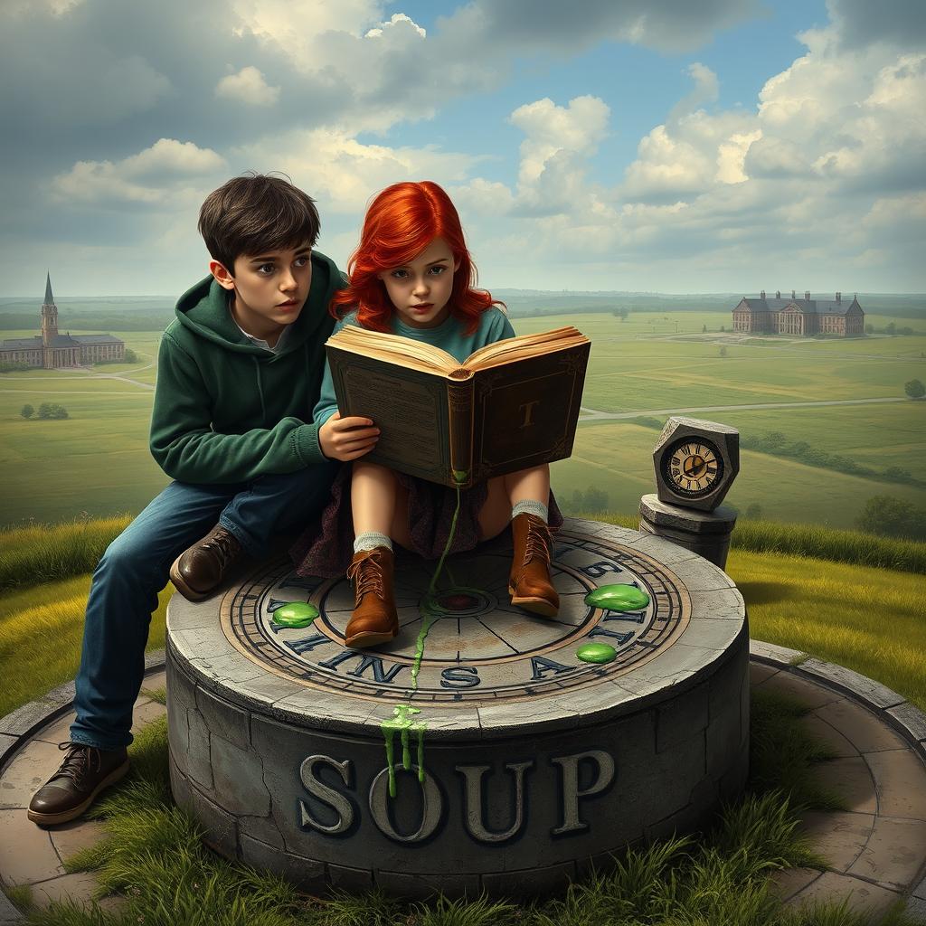 Realistic poster depicting two teenage boys sitting next to a red-haired teenage girl who is reading an old book with shocked expressions on their faces