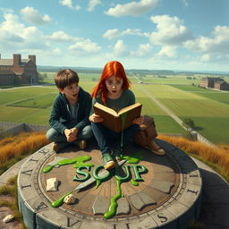 Realistic poster depicting two teenage boys sitting next to a red-haired teenage girl who is reading an old book with shocked expressions on their faces