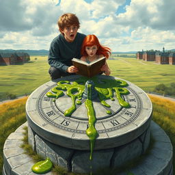 Realistic poster depicting two teenage boys sitting next to a red-haired teenage girl who is reading an old book with shocked expressions on their faces