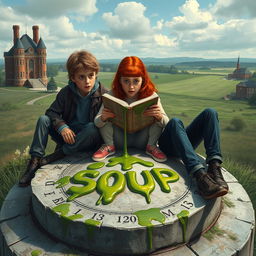 Realistic poster depicting two teenage boys sitting next to a red-haired teenage girl who is reading an old book with shocked expressions on their faces