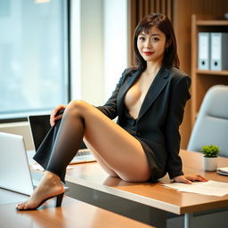 A Taiwanese office lady confidently sitting on an office desk with a poised and relaxed demeanor