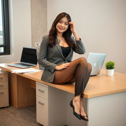 A Taiwanese office lady confidently sitting on an office desk with a poised and relaxed demeanor