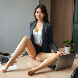 A Taiwanese office lady confidently sitting on an office desk with a poised and relaxed demeanor