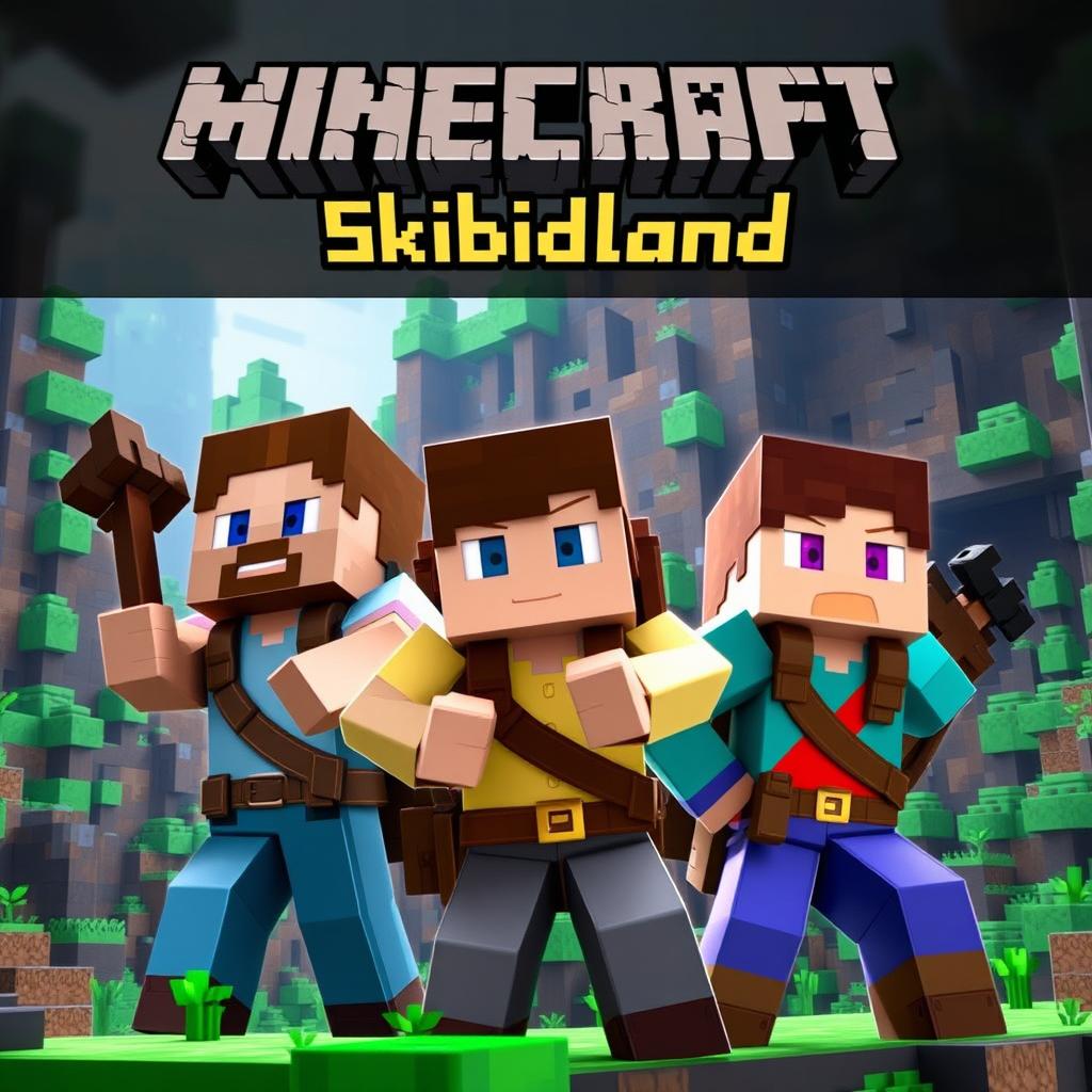 YouTube thumbnail for a Minecraft series featuring three characters: two men and one woman