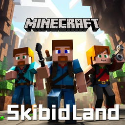 YouTube thumbnail for a Minecraft series featuring three characters: two men and one woman