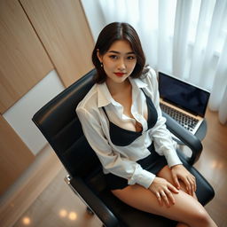 A Taiwanese office lady elegantly sitting in an office chair