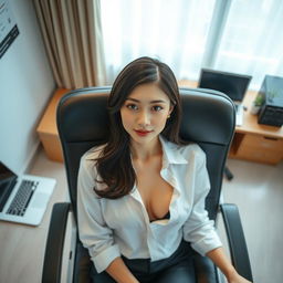 A Taiwanese office lady elegantly sitting in an office chair