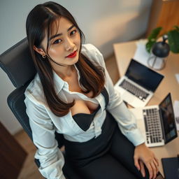 A Taiwanese office lady elegantly sitting in an office chair