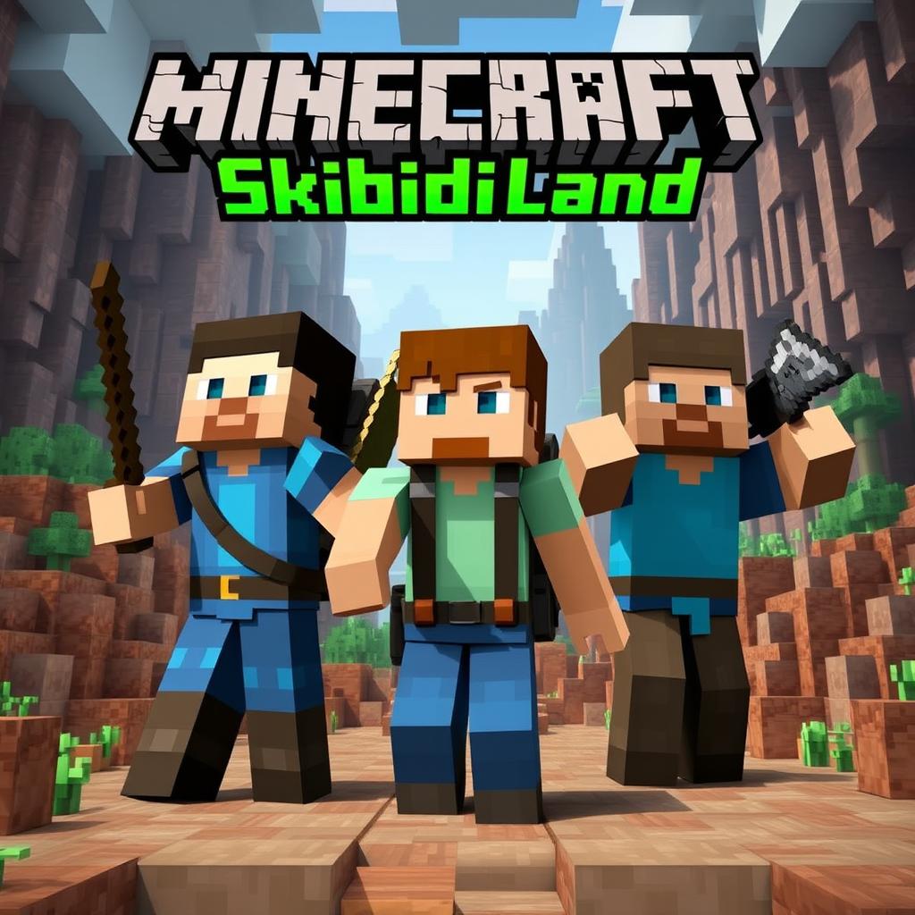 YouTube thumbnail for a Minecraft series featuring three characters: two men and one woman, set in an explorer-themed environment typical of Minecraft