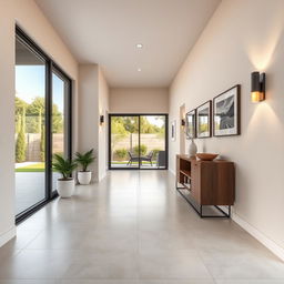 a modern hallway design located on one side of the kitchen and overlooking the backyard, featuring a seamless square tile floor with a sleek ceramic or stone finish in neutral tones